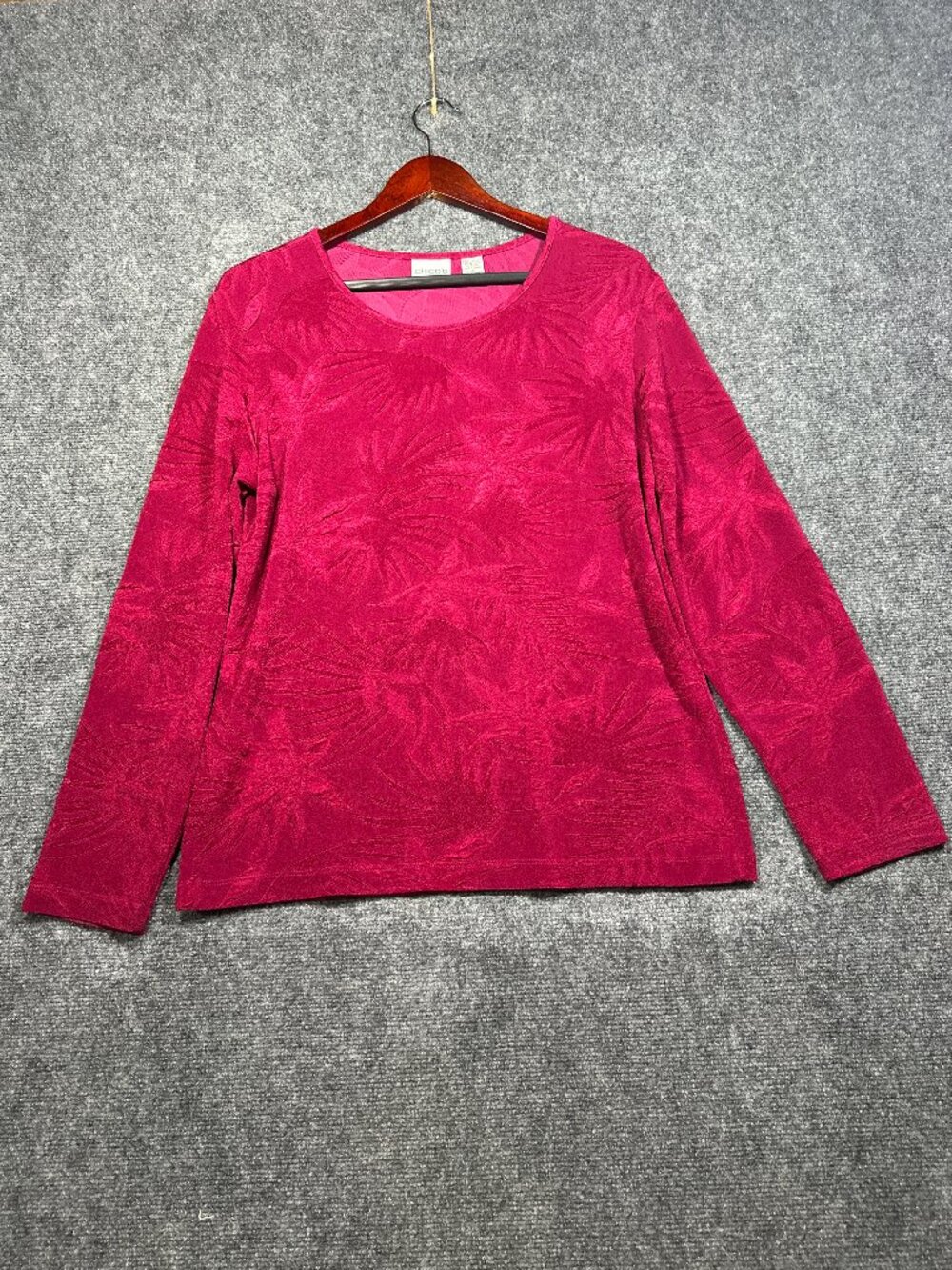 Chicos Top Womens Large Burgundy Print Stretch Knit Long Sleeve Pullover